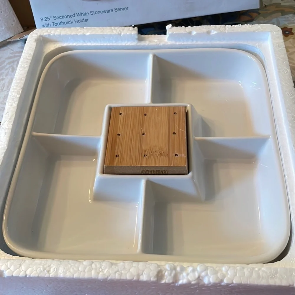 White Essentials Stoneware Sectioned Server With Toothpick Holder‎